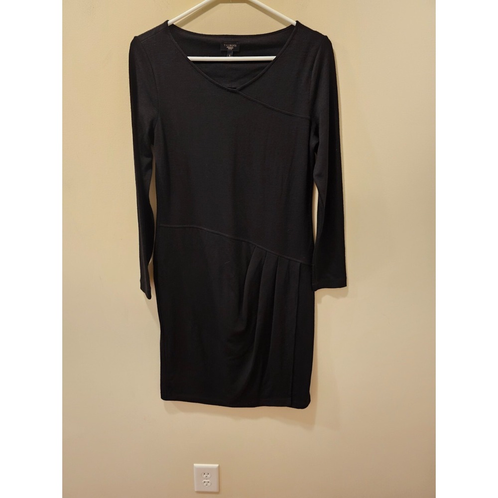 Talbots Sheath Dress Womens Petite S Black Wool Asymmetrical Pleat Long Sleeve